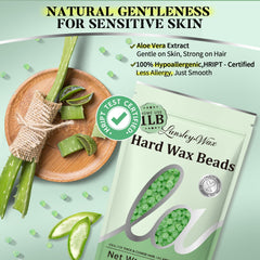 LANSLEYWAX Aloe-infused beads close-up showing sensitive-skin friendly, gentle removal.