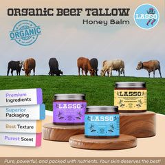 LASSO TALLOW grass-fed beef tallow image emphasizes farm-sourced skincare from small Wisconsin farms.