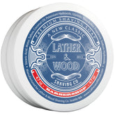 Lather & Wood Barbershop shaving soap tin close-up, rich lather ready for daily ritual.