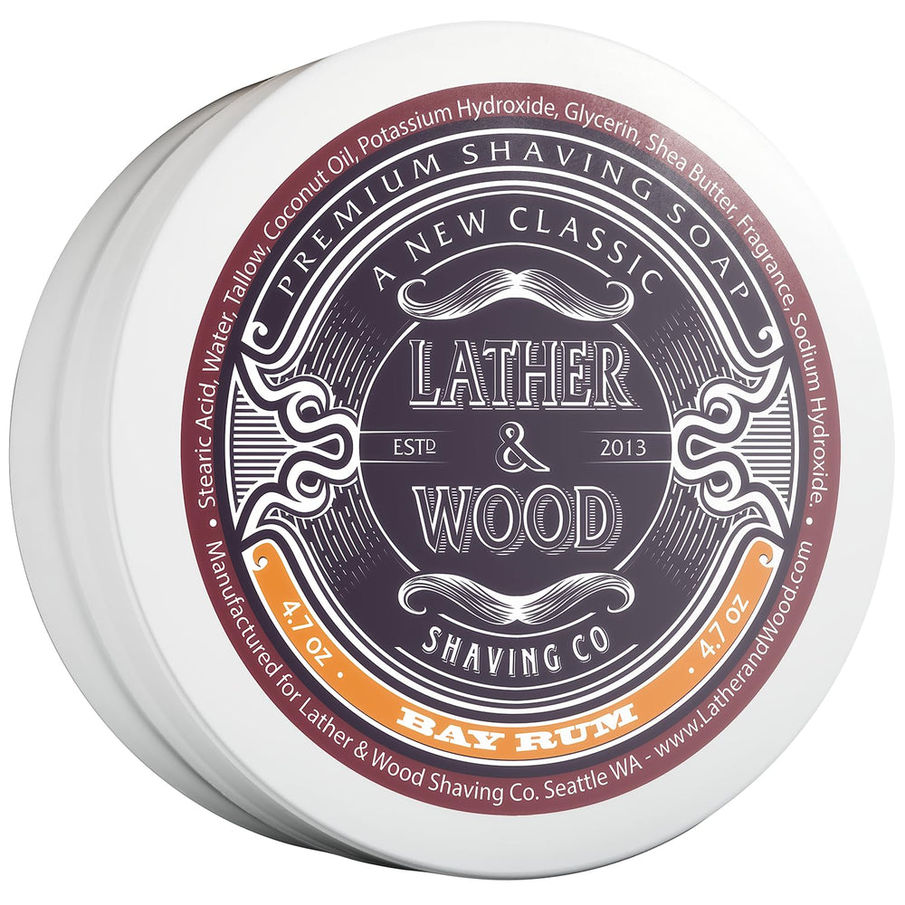 Lather & Wood Bay Rum shaving soap packaging highlights premium branding for luxury grooming.