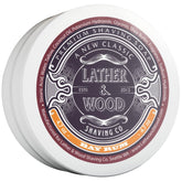 Lather & Wood Bay Rum shaving soap packaging highlights premium branding for luxury grooming.