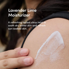 LATHER Lavender Lime moisturizer being gently applied to skin for quick absorption.