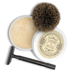 Lather & Wood pre-shave oil bottle demonstrates prep for a comfortable wet shave.