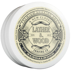 Lather & Wood Sandalwood shaving soap in a bowl delivers dense, luxurious lather.