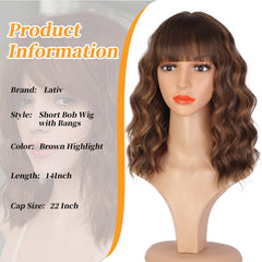 Lativ brown wig with bangs focuses on dark roots and highlight for natural dimension.