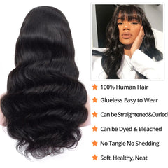 Lativ human hair wig with bangs, side view—versatile styling options