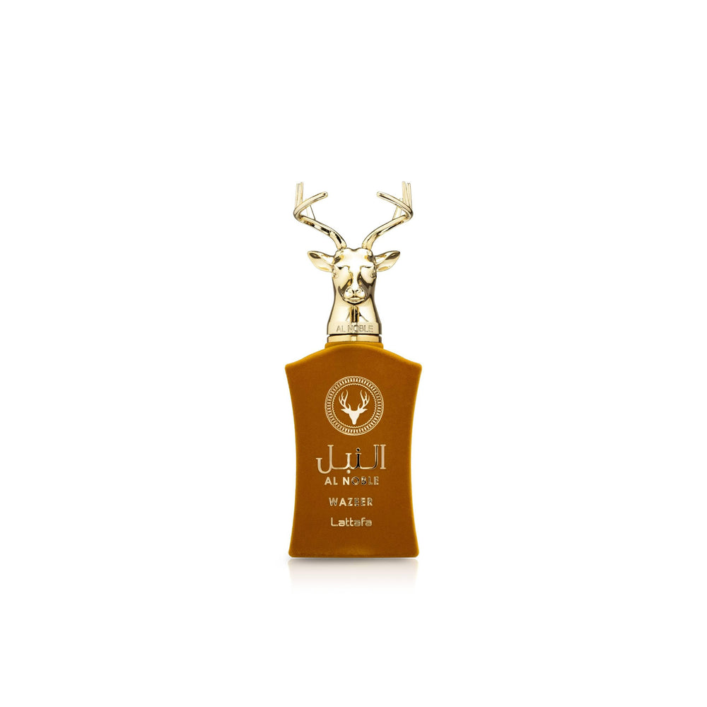 Lattafa Al Noble Wazeer bottle front showcases unisex elegance for everyday luxury.