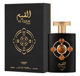 Lattafa Al Qiam Gold bottle front view showcases luxurious unisex fragrance.