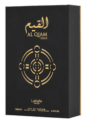 Lattafa Al Qiam Gold packaging highlighting oriental style.