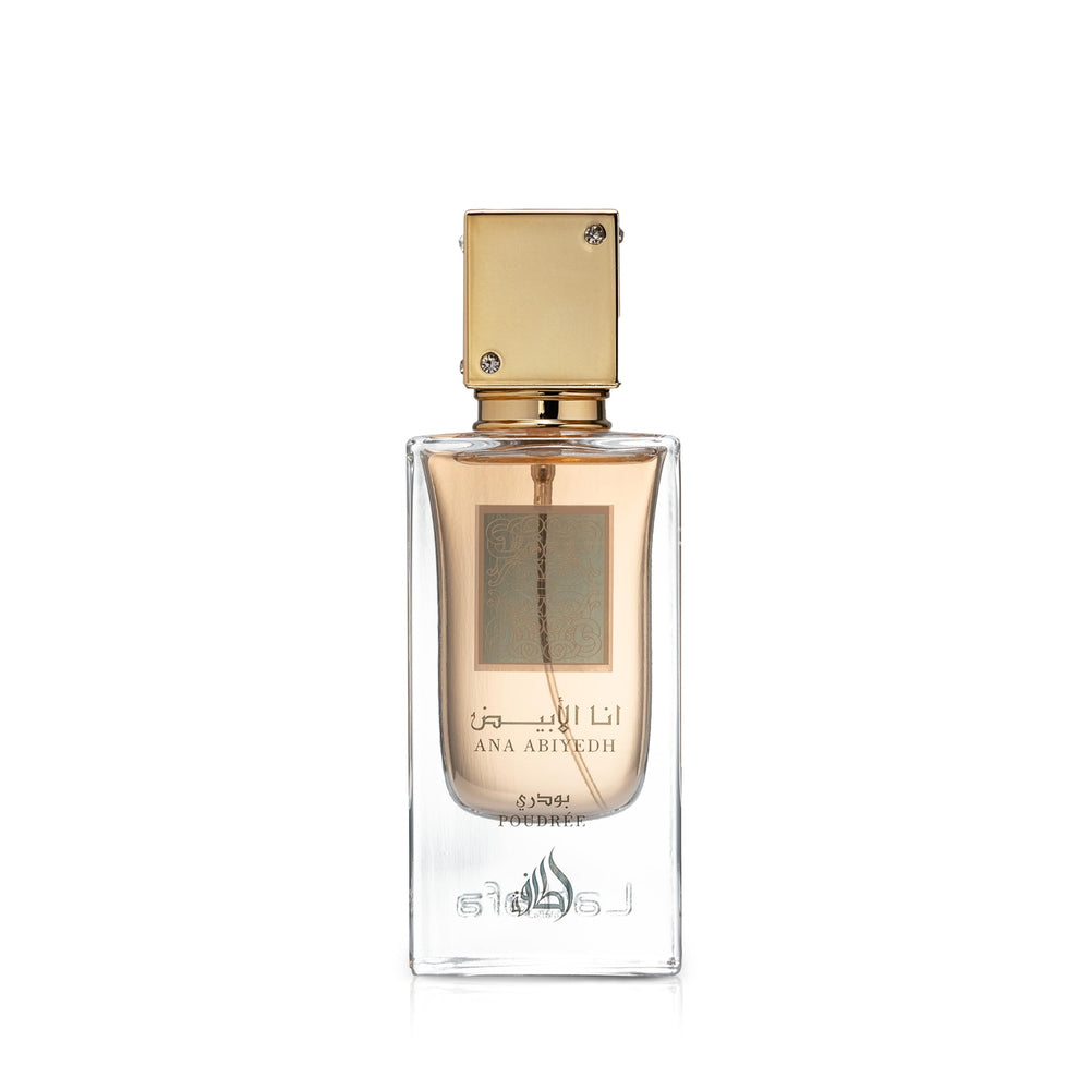 Lattafa Ana Abiyedh Poudrée bottle-top close-up for elegant evening wear inspiration