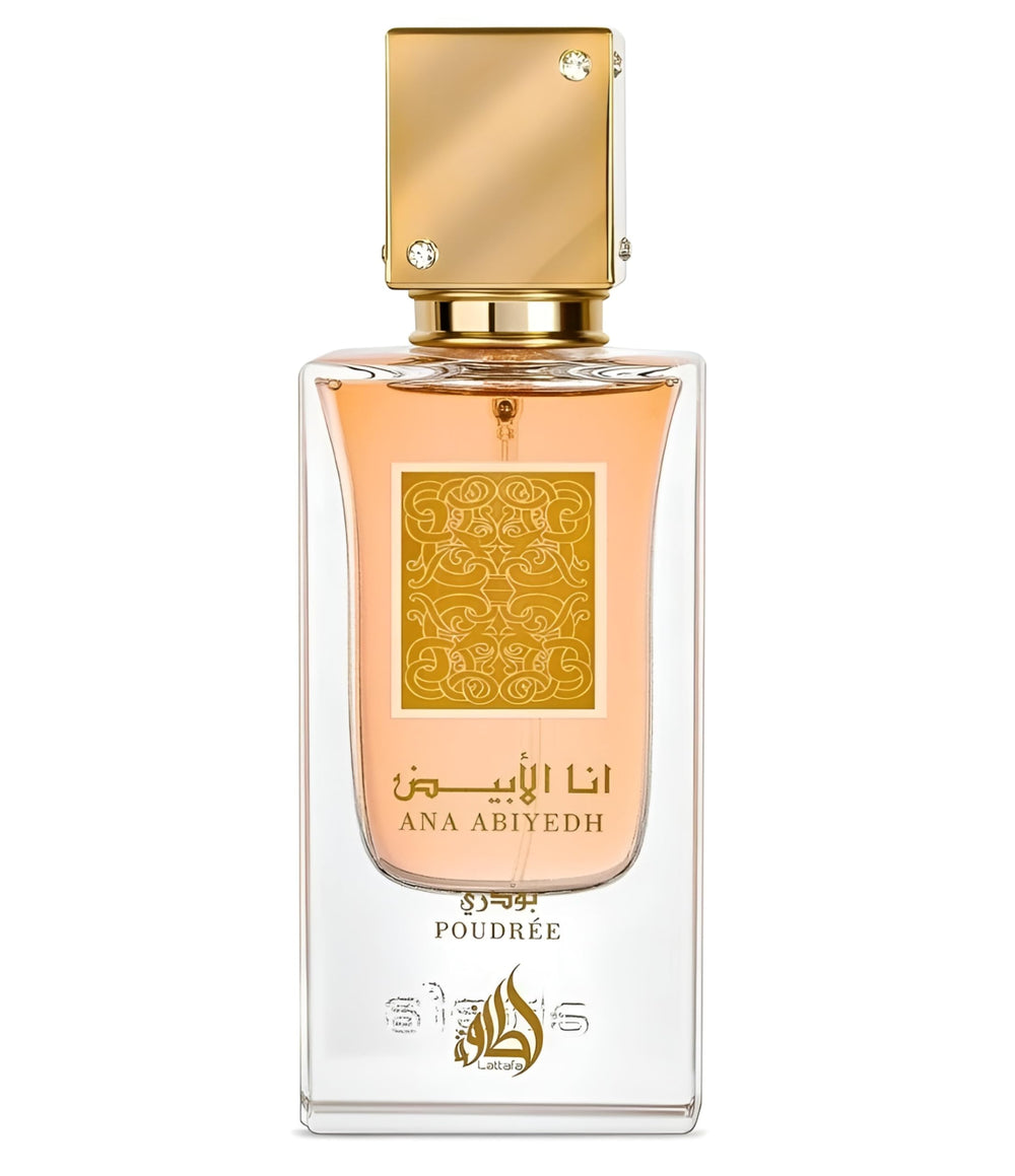 Lattafa Ana Abiyedh Poudrée rose-top-notes bottle evokes romantic daytime wear.