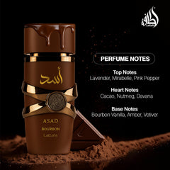 Lattafa Asad Bourbon top-notes closeup highlighting pink pepper and lavender for an energizing start.
