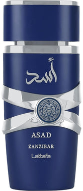 Lattafa Asad Zanzibar bottle-front, bold design for daily wear.