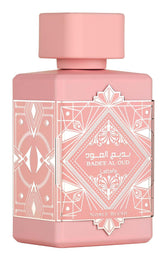 Lattafa Bade'e Al Oud Noble Blush bottle with rose-milk top note for romantic daytime wear