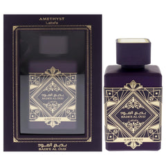 Lattafa Bade'e Al Oud Amethyst bottle highlights amber-vanilla scent for evening wear