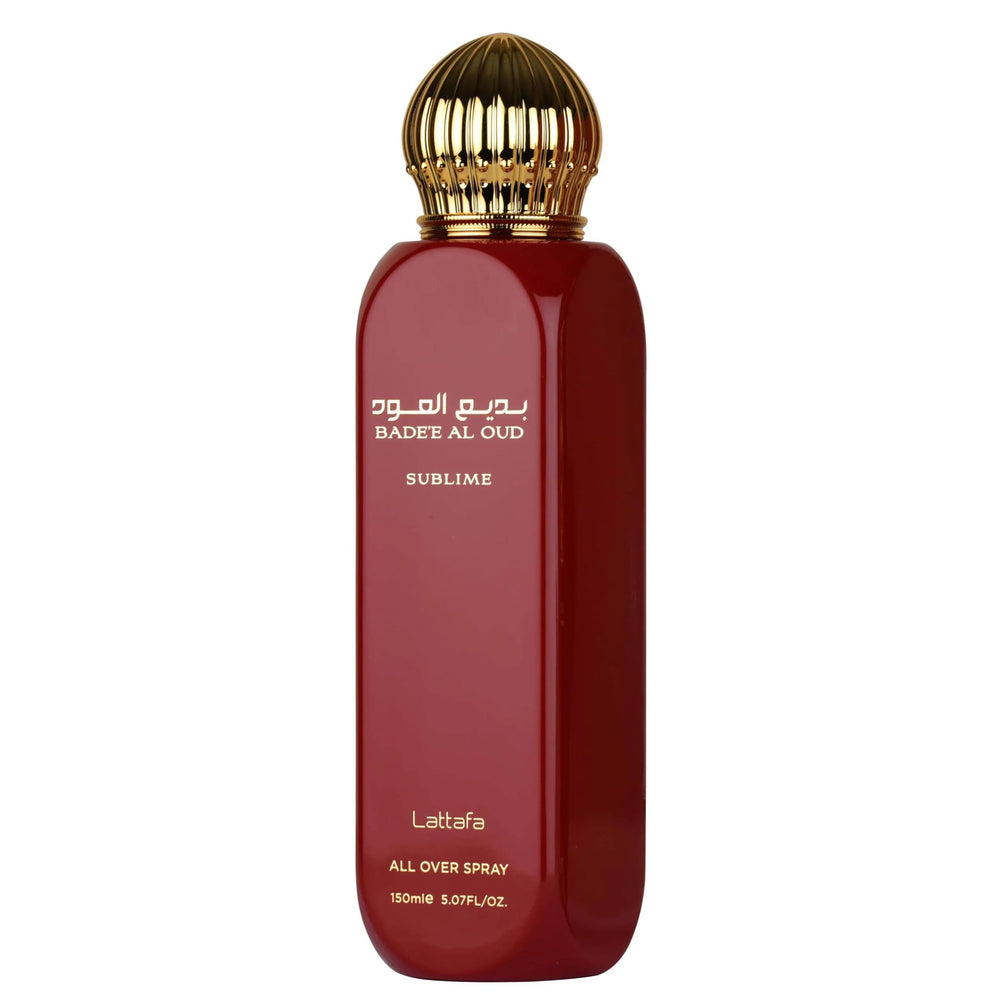 Lattafa Bade'e Al Oud Sublime bottle on display, offering long-lasting unisex fragrance for all-day confidence.