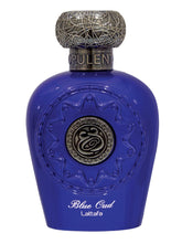 Lattafa Blue Oud bottle closeup showcases amber woody character for daily wear.