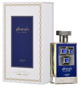 Lattafa Blue Sapphire bottle front reveals bold unisex fragrance for year-round wear.