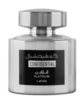 Lattafa Confidential Platinum bottle pour for daily confidence and longevity