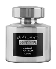 Lattafa Confidential Platinum flacon sleek design elevating fragrance shelf
