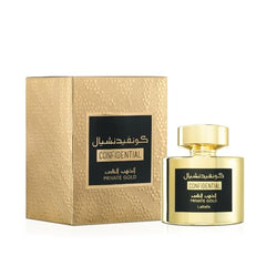 Lattafa Confidential Private Gold bottle close-up highlighting top notes and tropical vibe.