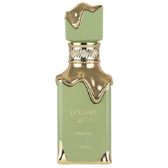 Lattafa Eclaire Pistache bottle closeup showcases creamy gourmand aroma for evening wear.