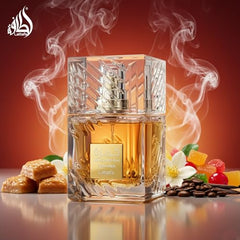 Lattafa Khamrah Qahwa bottle closeup highlights rich vanilla and coffee notes.