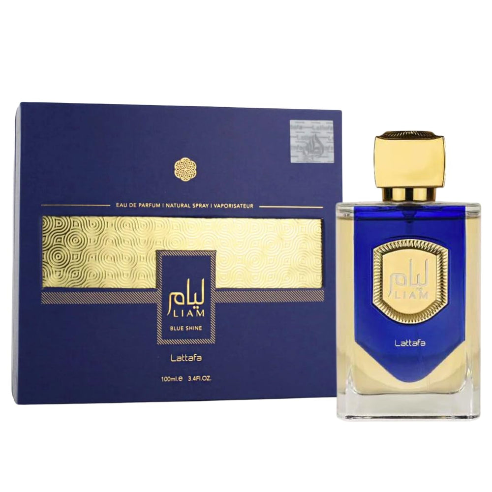 Lattafa Liam Blue Shine bottle front highlighting confident everyday style.