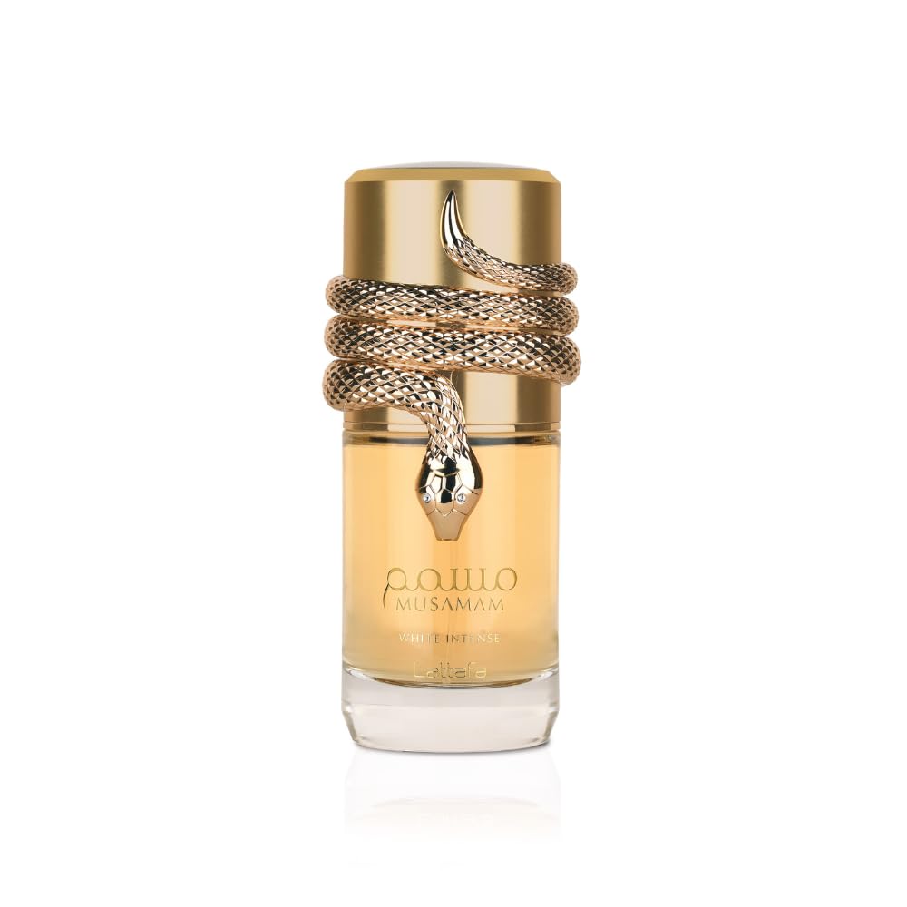 Lattafa Musamam White Intense bottle closeup for daily-wear versatility.