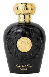 Lattafa Opulent Oud bottle front shows unisex appeal for evening wear