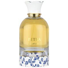 Lattafa Petra bottle on display, elegant Mediterranean-inspired scent for evenings.