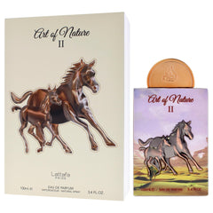 Lattafa Pride Art of Nature II perfume liquid glow suggesting long-lasting fragrance.