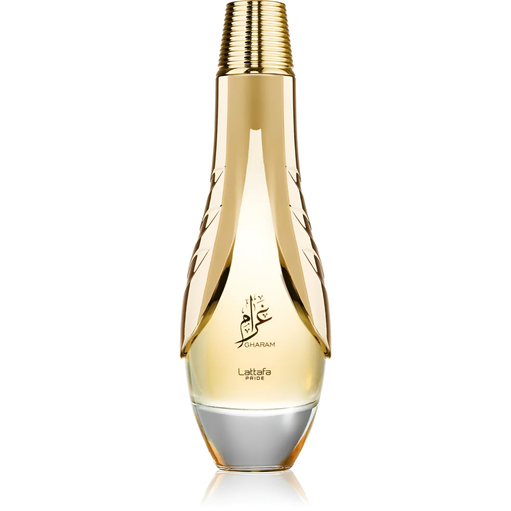 Lattafa Pride Gharam bottle-pour close-up, long-lasting scent for evening wear.
