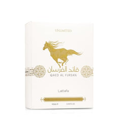 Lattafa Qaed Al Fursan Unlimited box packaging showcases luxe presentation for gifting