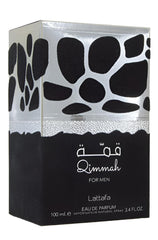 Lattafa Qimmah cap and label close-up showing premium oud note