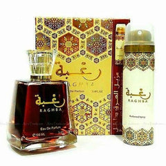 Lattafa Raghba bottle front — versatile unisex scent for daily wear.