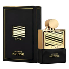 Lattafa Rave Pure Desire Gold packaging showcases the gift-ready glamorous gold design