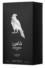 Lattafa Shaheen Silver base notes Musk Oakmoss Amber create lasting presence.