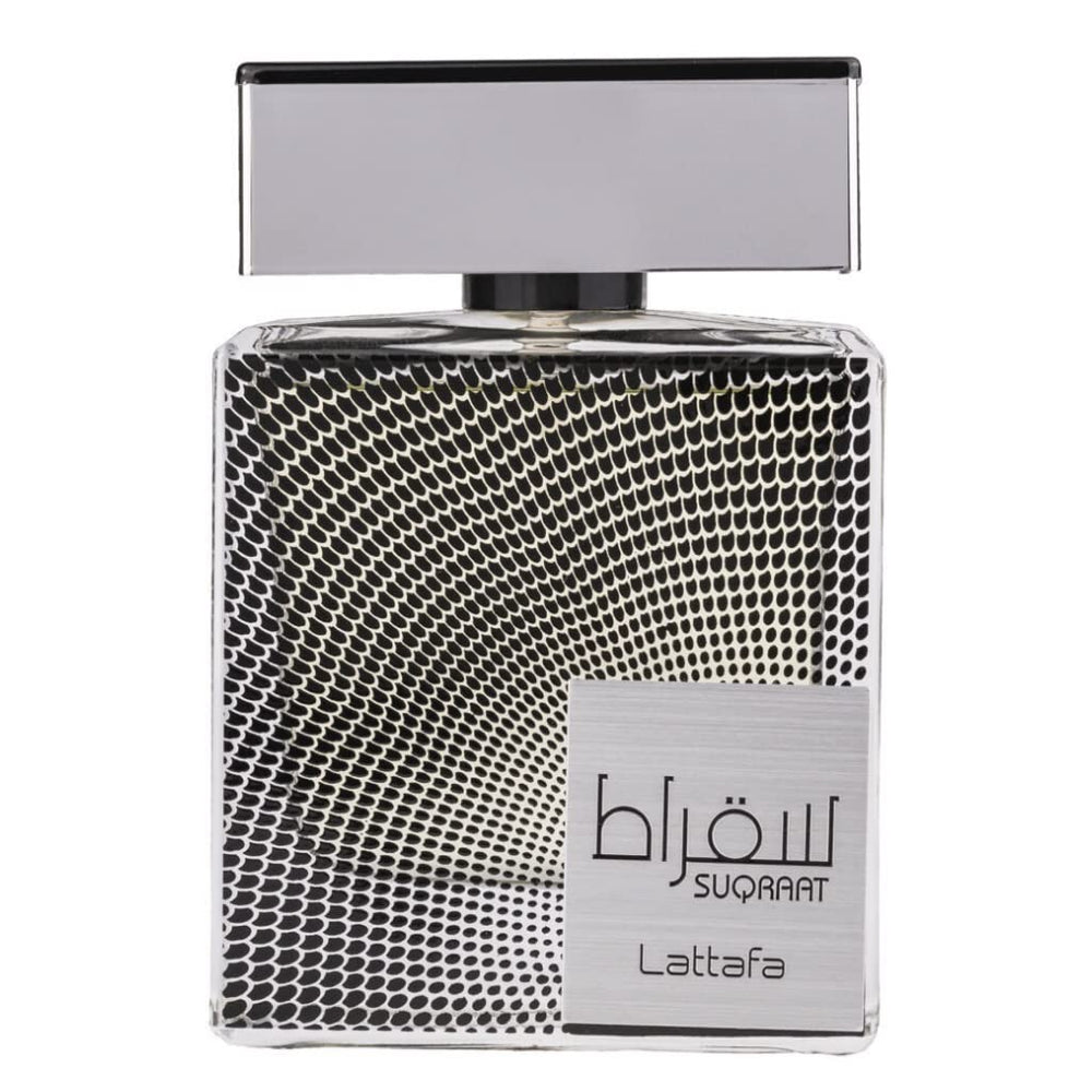 Lattafa Suqraat bottle front view signals bold, lasting masculine presence.