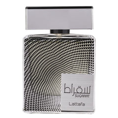 Lattafa Suqraat bottle front view signals bold, lasting masculine presence.