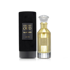 Lattafa Velvet Oud bottle against warm amber hue suggesting rich oriental notes.