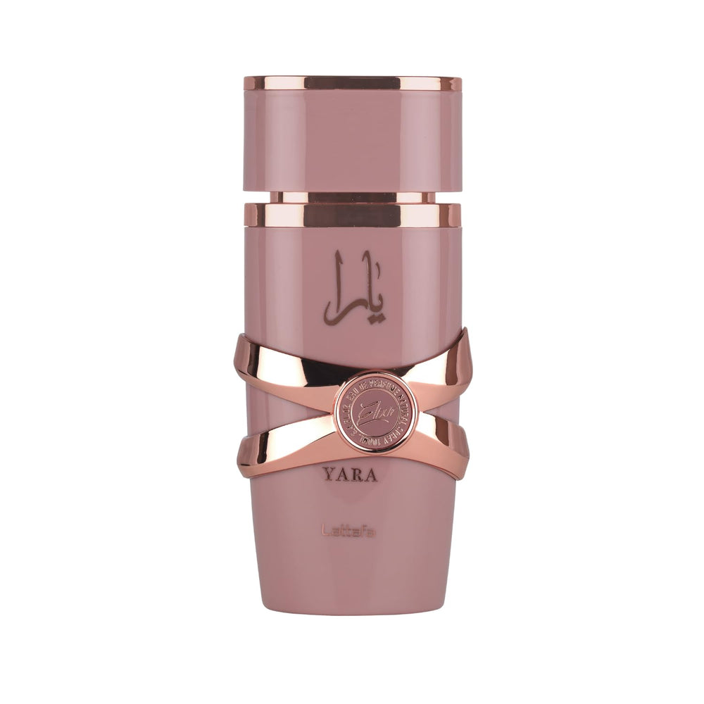Lattafa Yara Elixir bottle closeup shows bold gourmand appeal for evening wear.