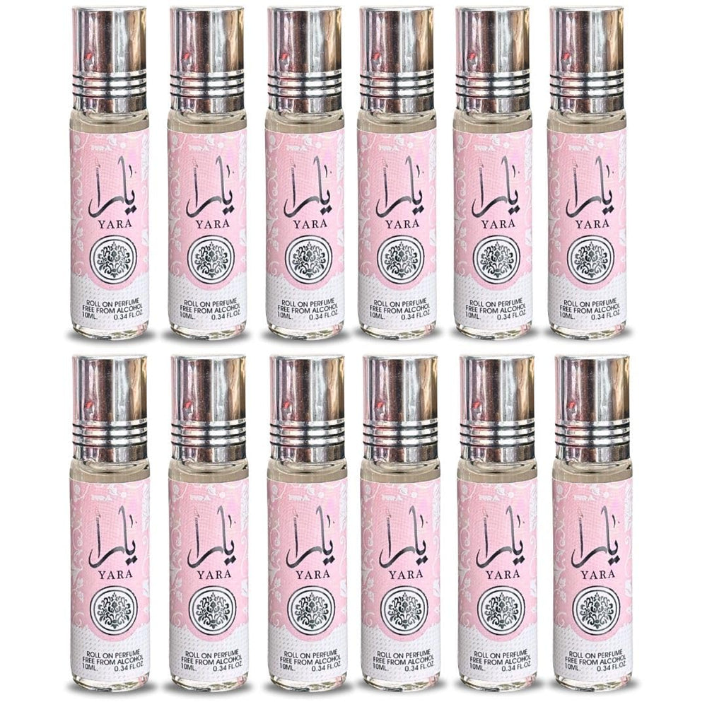 Lattafa Yara roll-on bottle close-up highlighting alcohol-free formula.