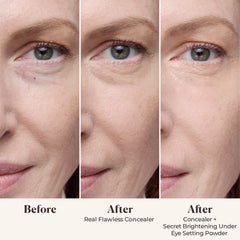 Laura Mercier Secret Brightening under-eye powder swatch with peach-pink pigments for brightening