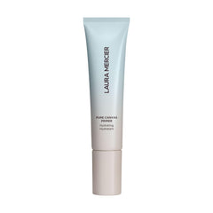 Laura Mercier Pure Canvas Primer Hydrating bottle closeup shows 24-hour hydration protection.