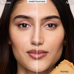 Laura Mercier press-roll application scene shows seamless blending for flawless makeup setting.