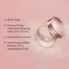 Laura Mercier translucent powder swatch highlighting 24-hour shine control.
