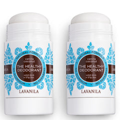 Lavanila vanilla coconut deodorant two-pack on display for convenient daily use.