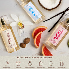Lavanila Vanilla Coconut Mist close-up highlights coconut, vanilla, and tiare blend.