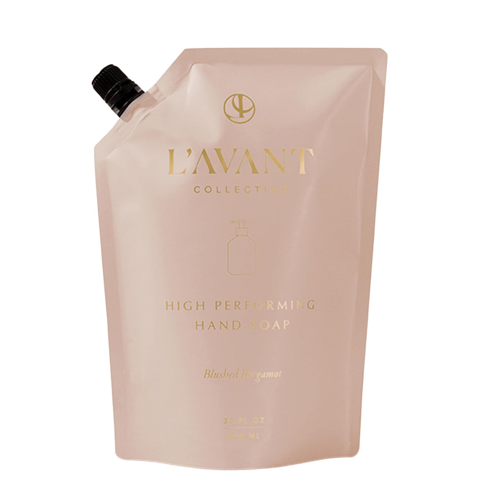 L'AVANT Collective Blushed Bergamot refill bottle closeup for luxury hand care routine.